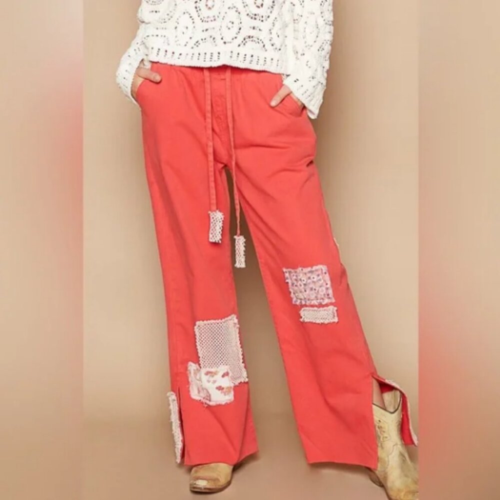 POL Cherry Red Wide Leg Pants with Boho Details Crochet Patches S,M,L